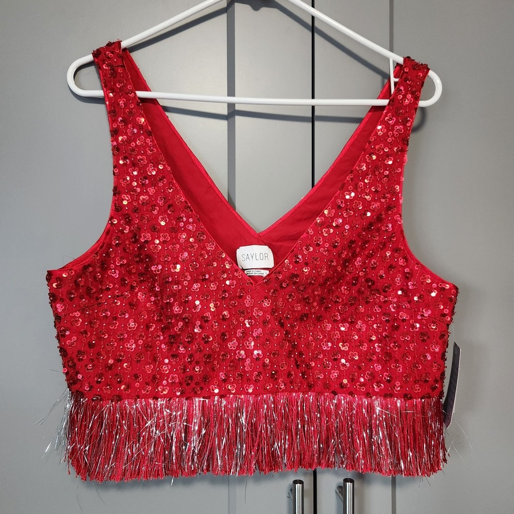 New SAYLOR Ruby Randall Top Womens Red Sequin Flower Party Holiday Tank Beaded L
